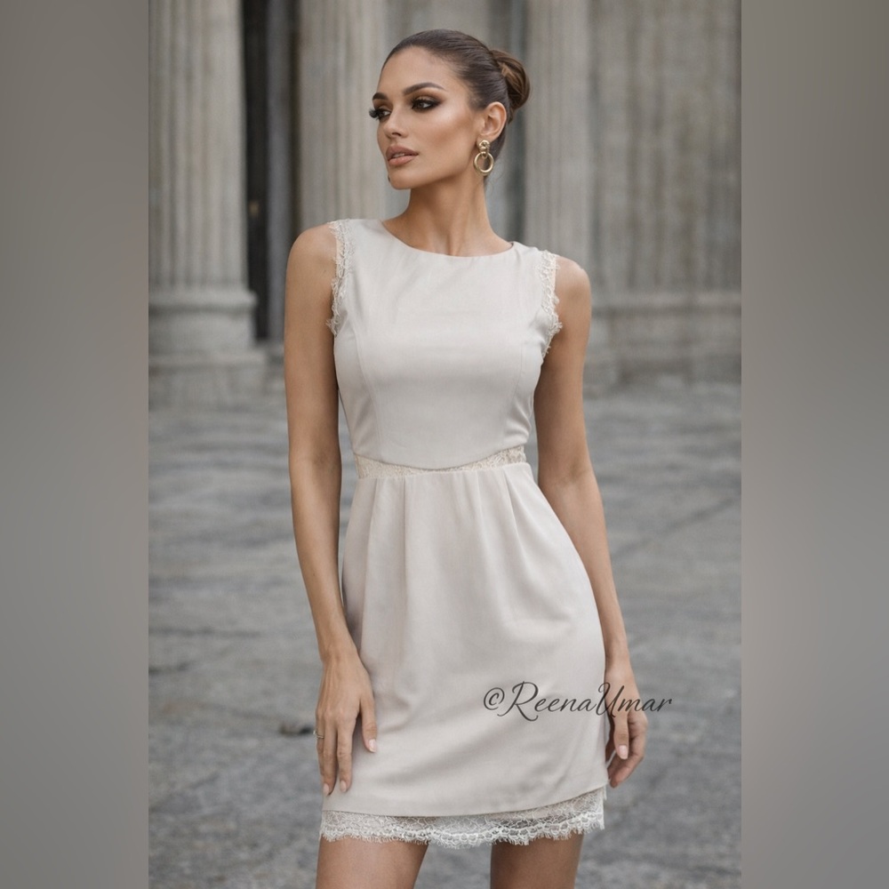 BCBGMAXAZRIA “Maud” Sleeveless Cream Lace-Trim Shift Dress